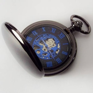 Pocket Watch Custom Engraved Personalized Gloss Black Mechanical Wind Up Watch with Blue Numbers and Skeleton Dial - Hand Engraved