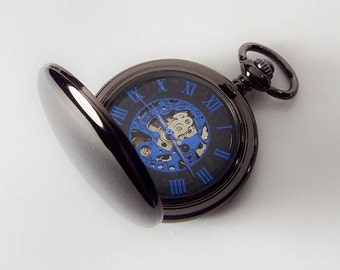 Pocket Watch Custom Engraved Personalized Gloss Black Mechanical Wind Up Watch with Blue Numbers and Skeleton Dial - Hand Engraved