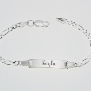 Custom Engraved Sterling Silver Childs ID Bracelet with Figaro Style Chain 5.5 Inch Length - Hand Engraved