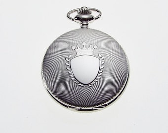 Personalized Pocket Watch Silver Crown Emblem Custom Engraved Quartz Battery Operated  - Hand Engraved