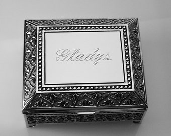 Custom Engraved Personalized Jewelry Box Small Silver Non Tarnish Nickel Plated Floral Motif Footed Trinket Box - Hand Engraved