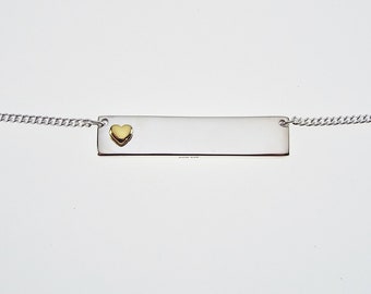 Personalized Heavy Bar Name Necklace Custom Engraved Sterling Silver with Gold Plated Heart Accent  - Hand Engraved