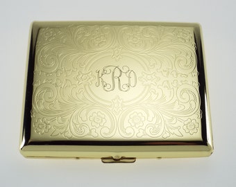 Cigarette Case Personalized Golden 100s Scrolling Design Custom Engraved Double Sided Case  -Hand Engraved