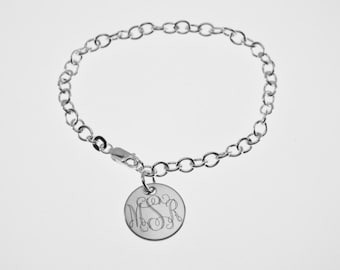 Custom Engraved Monogram or Initial Bracelet Personalized Sterling Silver Petite Round Disc 8" Length  - Hand Engraved