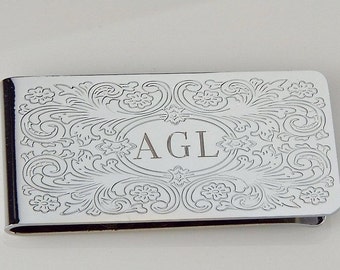 Engraved Money Clip Custom Engraved Personalized Money Clip with Scroll Design  -Hand Engraved