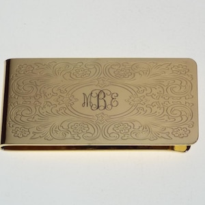 Custom Engraved Money Clip Personalized Gold Tone with Scroll Design  -Hand Engraved