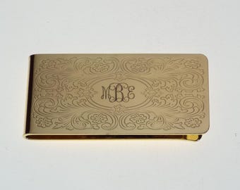 Custom Engraved Money Clip Personalized Gold Tone with Scroll Design  -Hand Engraved