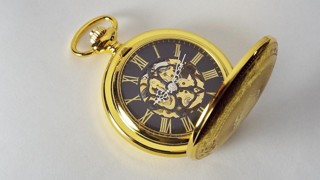 Pocket Watch Custom Engraved Gold Tone Mechanical Wind up Pocket Watch