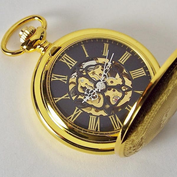 Pocket Watch Custom Engraved Gold Tone Mechanical Wind Up Pocket Watch with Front Shield and Skeleton Back - Hand Engraved