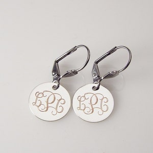 Monogram Earrings Custom Engraved Silver Plated Round Lever Back Personalized Jewelry - Hand Engraved