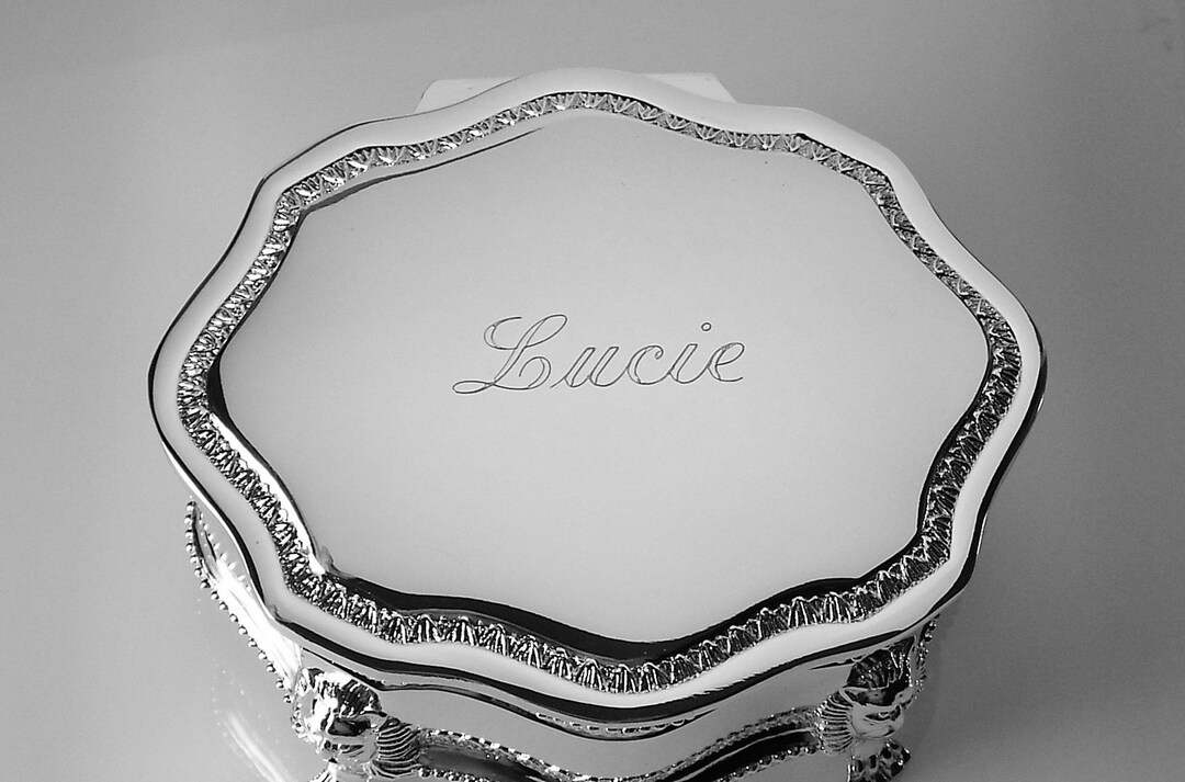 Custom Engraved Personalized Jewelry Box Silver Plated Victorian Design