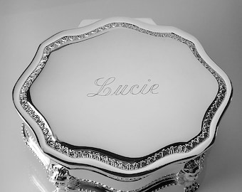 Custom Engraved Personalized Jewelry Box Silver Plated Victorian Design Footed Trinket Box - Hand Engraved