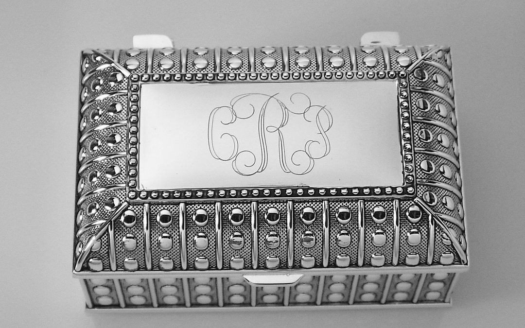 Custom Engraved Jewelry Box Personalized Silver Plated Beaded Chest
