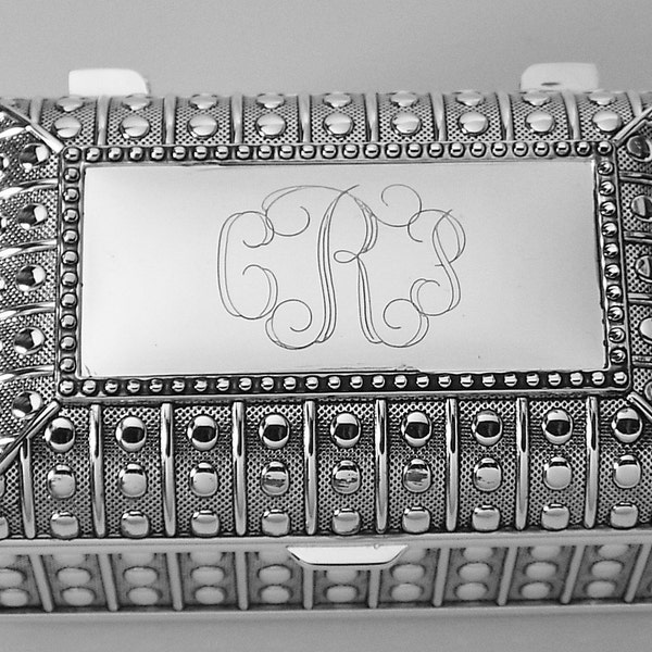 Custom Engraved Jewelry Box Personalized Silver Plated Beaded Chest Trinket Box - Hand Engraved
