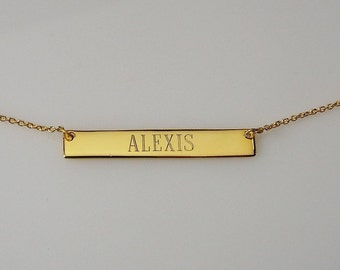 Personalized Thin Bar 14K Gold Plated Sterling Silver Name Necklace Custom Engraved  - Hand Engraved