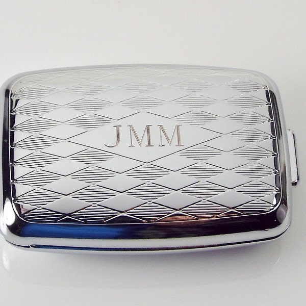 Pill Box Personalized Custom Engraved Diamond Pattern Silver Pill Box -Hand Engraved