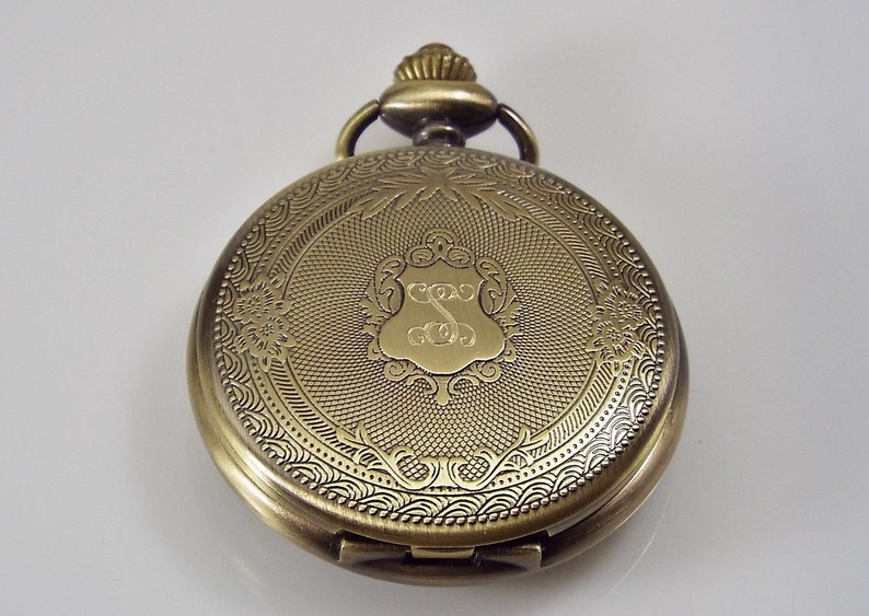 Engraved Pocket Watch Fancy Crest Cover Personalized Bronze Etsy