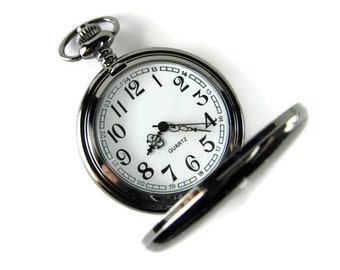 Personalized Pocket Watch Custom Engraved Gloss Black Quartz Pocket Watch with White Dial - Hand Engraved