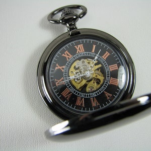 Pocket Watch Custom Engraved Personalized Gloss Black Mechanical Wind Up Watch with Skeleton Dial - Hand Engraved