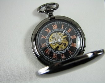 Pocket Watch Custom Engraved Personalized Gloss Black Mechanical Wind Up Watch with Skeleton Dial - Hand Engraved