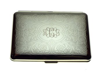 Custom Engraved Personalized Business Card Case or Kings Cigarette Case Double Sided Scroll Design  -Hand Engraved
