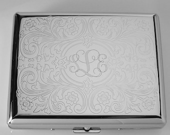 Cigarette Case Personalized Custom Engraved Double Sided Scroll Design 100s Cigarette Case  -Hand Engraved