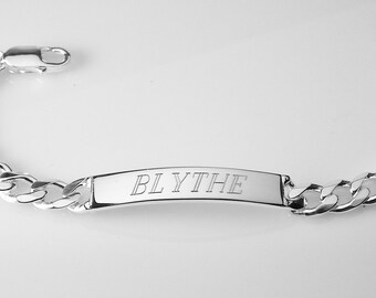 Custom Engraved ID Bracelet Sterling Silver 8 Inch Length Personalized Heavy Curb Link- Hand Engraved