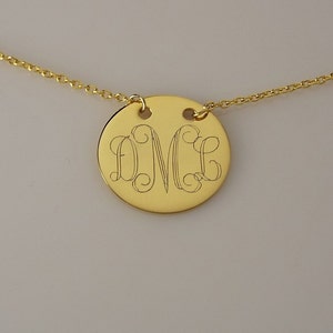 Monogram Necklace 14K Yellow Gold Plated Custom Engraved Personalized 7/8 Inch Round Disc with Adjustable Length Chain - Hand Engraved