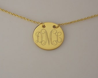 Monogram Necklace 14K Yellow Gold Plated Custom Engraved Personalized 7/8 Inch Round Disc with Adjustable Length Chain - Hand Engraved