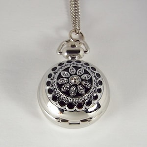 Personalized Pendant Watch Custom Engraved Necklace Watch Black Enamel and Crystals  - Hand Engraved