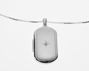 Personalized Sterling Silver Locket Custom Engraved Oblong with Diamond Accent Memory Keeper - Hand Engraved