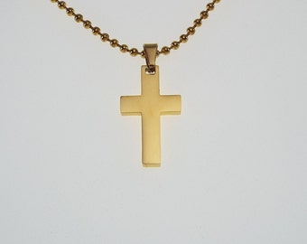 Personalized Custom Engraved Gold Plated Stainless Steel Cross Bead Chain or Curb Style Chain  - Hand Engraved