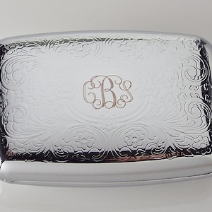 Custom Engraved Pill Box Personalized Scroll Design Silver Two Roomy Compartments -Hand Engraved