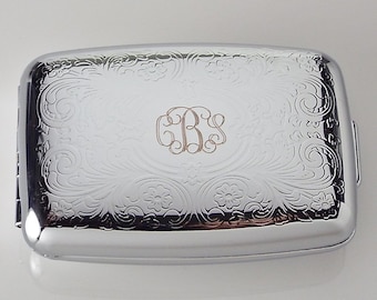 Custom Engraved Pill Box Personalized Scroll Design Silver Two Roomy Compartments -Hand Engraved