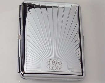 Engraved Personalized Business Card Case or Kings Cigarette Case Double Sided Sun Ray Design  -Hand Engraved