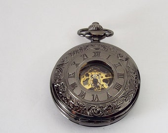 Pocket Watch Custom Engraved Black Finish Roman Numeral Cover Personalized Mechanical Double Dust Cover Wind Up - Hand Engraved