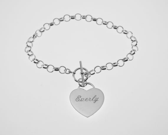 925 Solid Silver Toggle Heart Charm Bracelet, Personalized Rolo