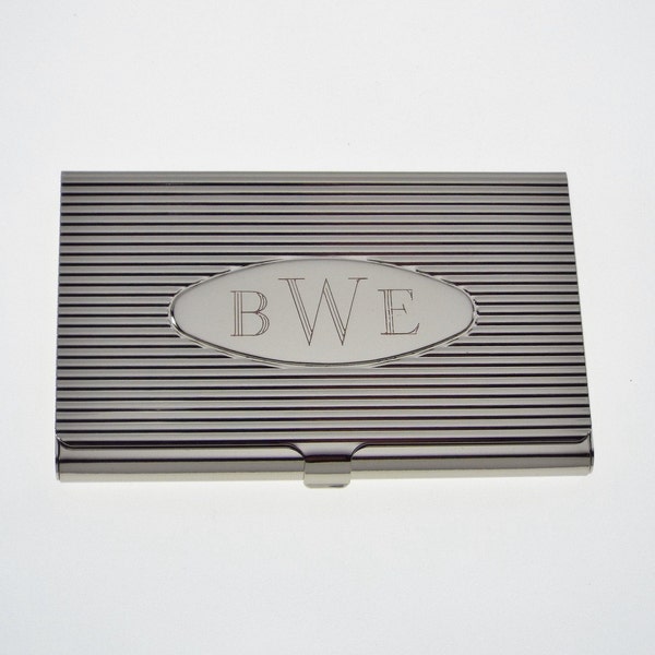 Custom Engraved Business Card Case Silver Ribbed Design with Personalized Oval Center  -Hand Engraved