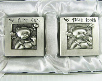 Baby Gift Custom Engraved Personalized Pewter Finish First Tooth and First Curl Keepsake Boxes  -  Hand Engraved