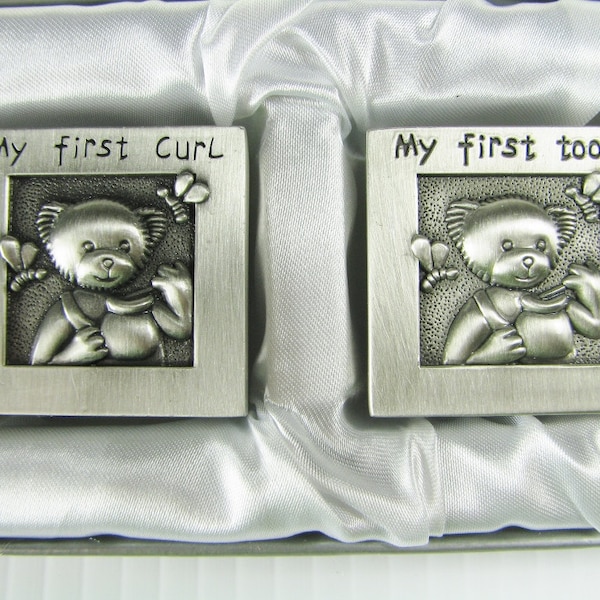 Baby Gift Custom Engraved Personalized Pewter Finish First Tooth and First Curl Keepsake Boxes  -  Hand Engraved