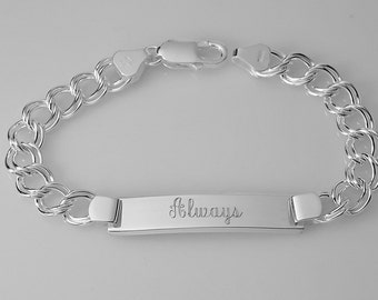 Custom Engraved ID Bracelet Sterling Silver 7.25 Inch Length Double Curb Link- Hand Engraved