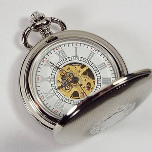 Pocket Watch Custom Engraved Mechanical Wind Up Pocket Watch with Front Shield and Skeleton Dial - Hand Engraved