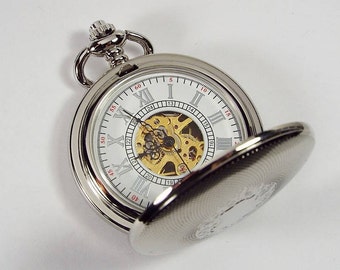Pocket Watch Custom Engraved Mechanical Wind Up Pocket Watch with Front Shield and Skeleton Dial - Hand Engraved