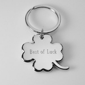 Custom Engraved Personalized Lucky Four Leaf Clover High Polish Silver Key Chain  - Hand Engraved