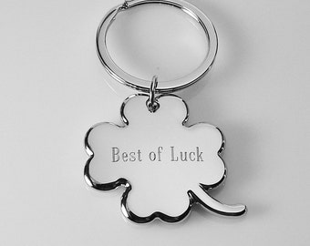 Custom Engraved Personalized Lucky Four Leaf Clover High Polish Silver Key Chain  - Hand Engraved