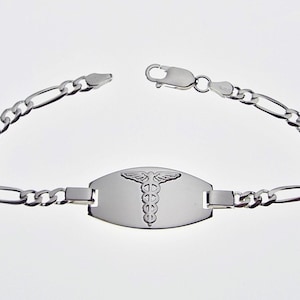 Custom Engraved Personalized Sterling Silver Medic Alert Bracelet 7.5 Inch Length- Hand Engraved