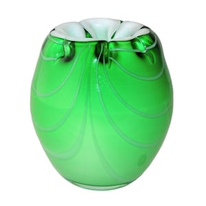 Vintage Encased Glass, Green and White Vase, with Crimped Edge