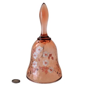 Vintage Pink Fenton Art Glass Bell, Diamond Optic, Hand Painted and Signed A. Farley
