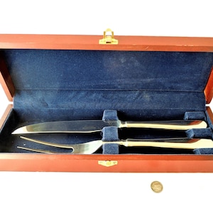 Vintage Hampton Home, Stainless Steel, Carving Knife and Fork Set with Wooden Box.