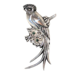 Vintage Large Quetzal Bird Silver Brooch with Malachite Beads, Stamped Mexico